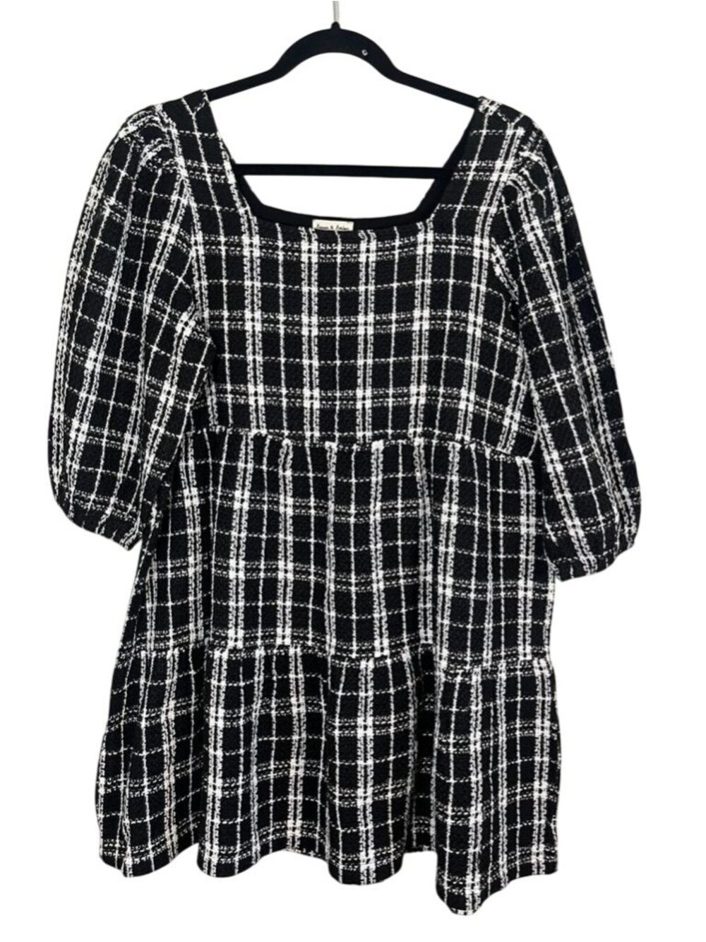 Neutral Plaid Babydoll Dress Black L Boho Indie Festival Festive Holiday Checks